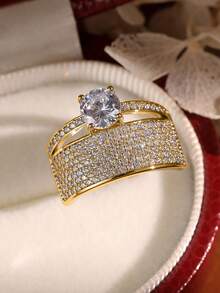 Caixa de presente de luxo com zircônia cúbica empilhável, anéis dourados, joias elegantes da moda adequadas para casamento e presente - Ouro - Ver 4