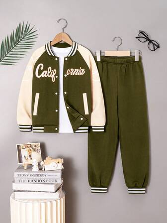 2pcs/Set Young Boy Casual Fashion Letter Print Raglan Sleeve Contrast Color Sweatshirt & Pants Set