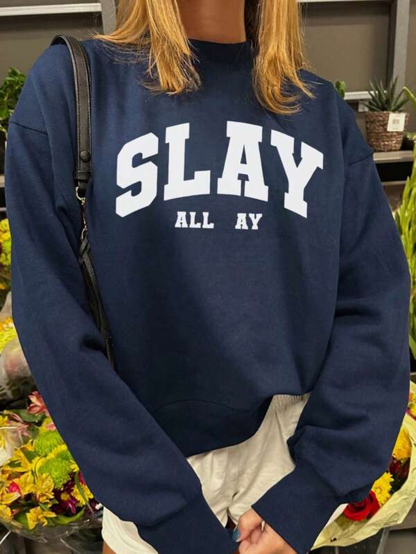 Women's Autumn And Winter SLAY Slogan Graphic Long Sleeved Crew Neck Sweatshirt ,Casual Loose And Versatile Holiday Style Tops,Fashionable Fall Women Clothes Suitable For Daily Wear