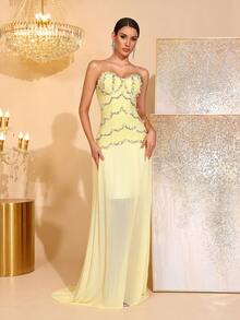 Vestido largo ajustado con decoración de perlas, cuello corazón sin tirantes, elegante para fiesta, cena, boda o eventos festivos - Amarillo - Ver 5