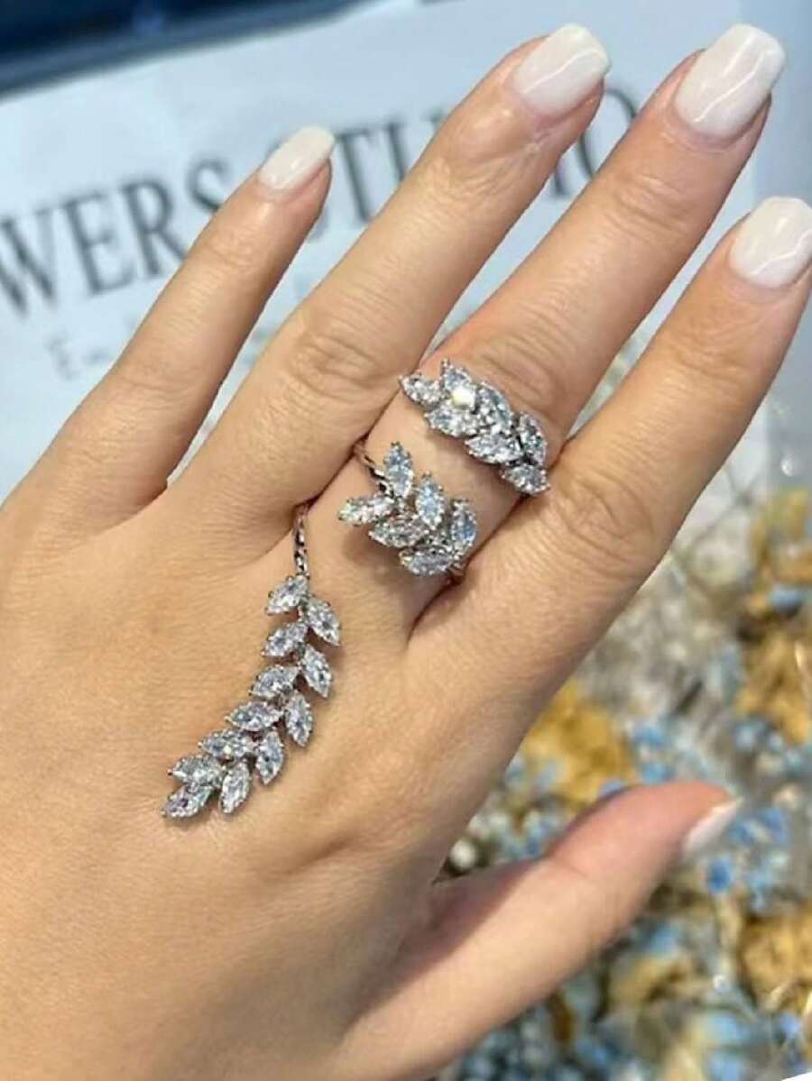 1pc Wheat Ear Zirconia Open Ring, Fashionable Luxury Accessories - Silver - View 1