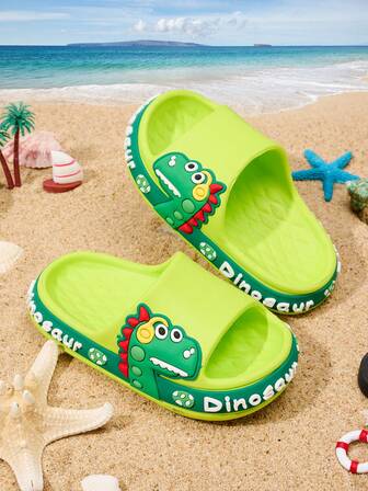 1 Pair Boys' Dinosaur Non-Slip Flat Casual Comfortable House Slippers, Suitable For Summer