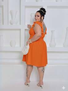 Plus Size Short Dress In Duna Fabric With Ruffled Straps And Elastic Back, Lined, Sizes GG G2 - 橘色 - 查看 2