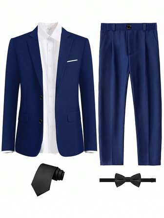 青少年男童正装套装，适合幼儿至青少年，蓝色五件套，包括外套、西裤、白衬衫、领带和领结。