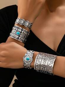 1 Stück modischer, bohemian-vintage, übertrieben antik texturierter asymmetrischer Armband-Anhänger mit eingebettetem blauem Stein, geeignet für Damen für den täglichen Gebrauch, Urlaub und Partys