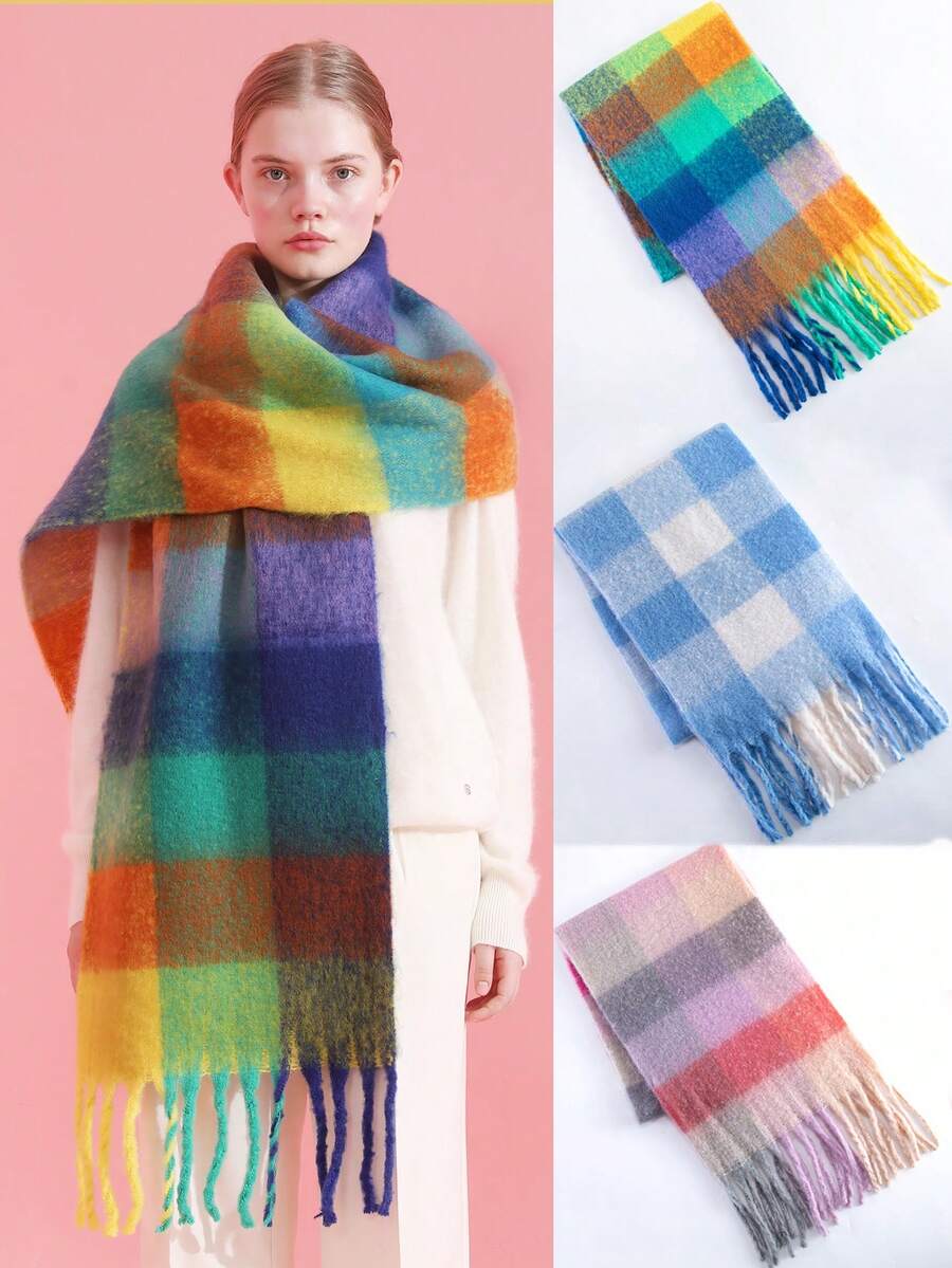 1pc Fashionable Plaid Scarf In Macaron Colors, Warm And Comfortable Faux Cashmere Scarf For Women, Suitable For Daily, Commuting, Outdoor, Home Leisure, Travel, Holiday Gifts, Accessory