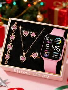 6/1pc Fashionable & Cute Teenage Digital LED Screen Watch & Jewelry Set, Necklace, Bracelet, Earrings, Ring, Gift For Friends, Suitable For Gatherings, Festivals, Parties, Valentine's Day, Christmas, Thanksgiving, Gift For Mom