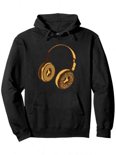 Funny Donuts with Headphones Hoodie - Music Lover Sweater with Headphones Sugar Granules and Donut Ears Design, Casual Pullover Hoodie, Machine Washed Digital Print (Black)