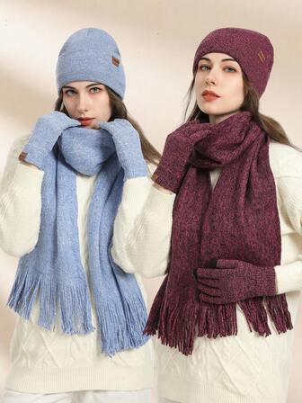 1/3 件套针织帽、围巾和手套组合，适合女士秋冬季户外穿着，纯色加绒保暖，男女皆宜，适合户外日常穿着，时尚百搭的羊毛帽套装，是男女冬季服装的理想礼物之选。