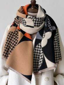 1pc Women's Reversible Faux Cashmere Color Block Fashion Versatile Air Conditioning Shawl Scarf, Thick & Warm For Everyday Use, Autumn/Winter For Dress