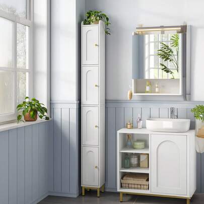 HEXCELEN 4-Tier Narrow Tall Storage Cabinet, Slim Bathroom Storage Cabinet With 4 Adjustable Feet And Shelves, Bathroom Organization For Small Space, Kitchen, Living Room, Laundry Room, White