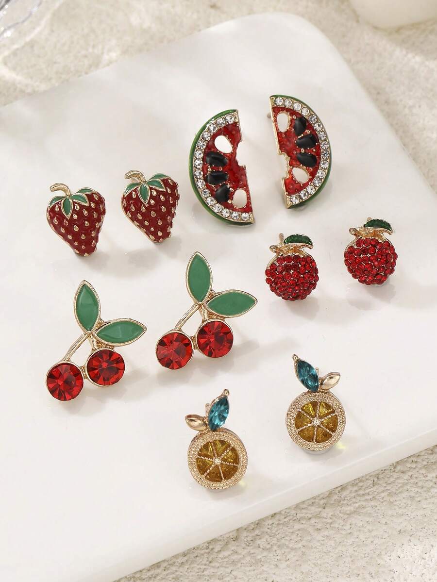 1/5对精致甜美水果西瓜、柠檬、草莓、苹果迷你彩色水钻耳环套装（女士款） - 彩色 - 查看 1