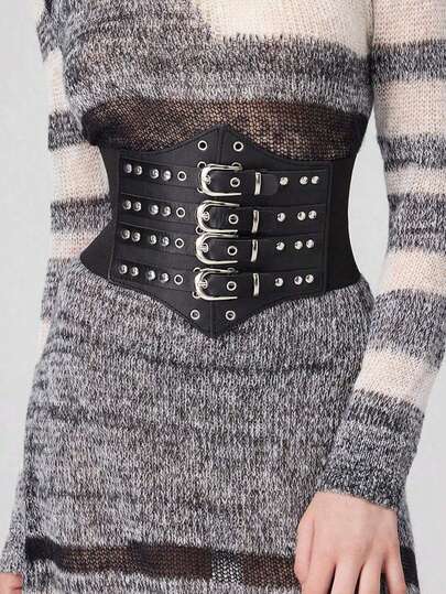 1pc Women's Dark Gothic Chain Decor Leather Belt, Punk Metal Buckle Leather Corset Waist Belt, Suitable For Music Festivals, Halloween, Rave Parties