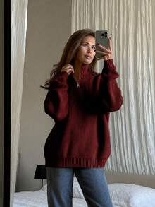 女士简约罗纹纯色休闲韩版纹理通勤宽松百搭立领拉链半开襟套头长袖毛衣，春/秋/冬 - 紅色 - 查看 5