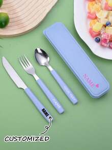 Personalized 3 In 1 Cutlery Set,Personalized Camping Utensil Set With Storage Box, Reusable Spoon Knife Fork, Portable Travel Utensil, Friendly Plastic Box For Travel Picnic Camping Or Daily Use, Great For Students, Travel And Kitchen Use Back To School,For Anniversaries, For Valentine's Day, For Mother's Day, For Birthdays,For Father's Day, For Graduation, For Weddings, For Housewarming Dining Room,Office