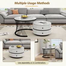 Elegant Set Of 2 White Coffee Tables, 60*60*46cm And 50*50*31cm, Round Tables With High Gloss Dermol Look, 2 Drawers, Load Capacity Up To 30kg, Combination Of Nestable Coffee Tables. - White + MDF - View 11