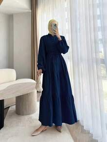 Đầm nữ thanh lịch màu trơn cài nút thắt eo, thích hợp cho các dịp thường ngày, tiệc sinh nhật, dạ hội trang trọng, hẹn hò, tay phồng, vạt áo phối màu, mùa thu/đông/xuân. - Màu xanh lam - Xem 7