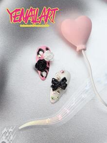 10片Y2K风格杏仁形美甲贴纸，黑色、粉色、白色可选，图案包括钢琴、爱心、可爱3D立体音符、蝴蝶结、花朵、星星、水钻装饰、玫瑰等，适合音乐节及其他场合。趣味全覆盖Y2K风格美甲贴纸，包含1个迷你指甲锉和1张贴纸，适合派对、日常佩戴、跳舞和音乐节等场合。 - 黑與白 - 查看 6