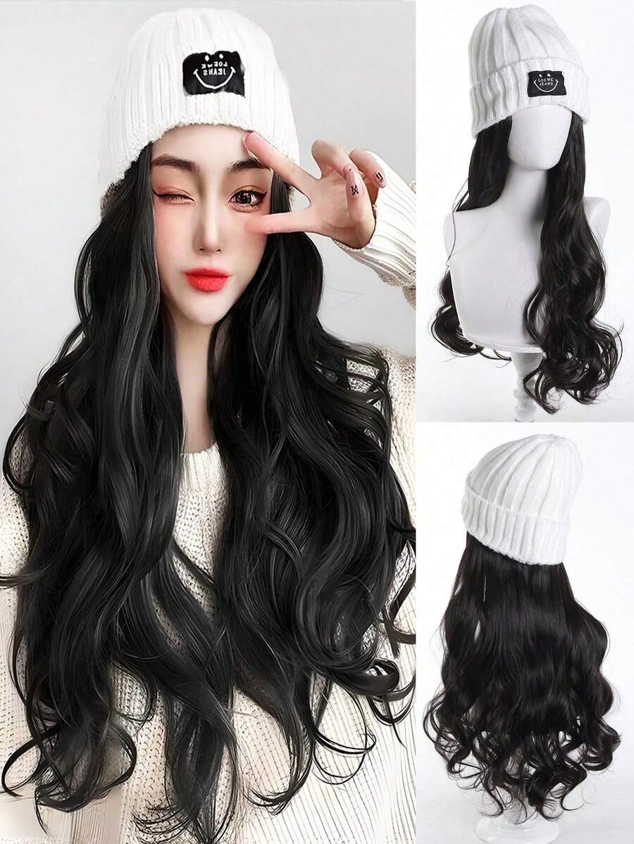 Knitted Hat Wig,White Knitted Hat,18 Inch Middle Long Body Wave Black Brown Synthetic Wig For Women Autumn And Winter Daily Use