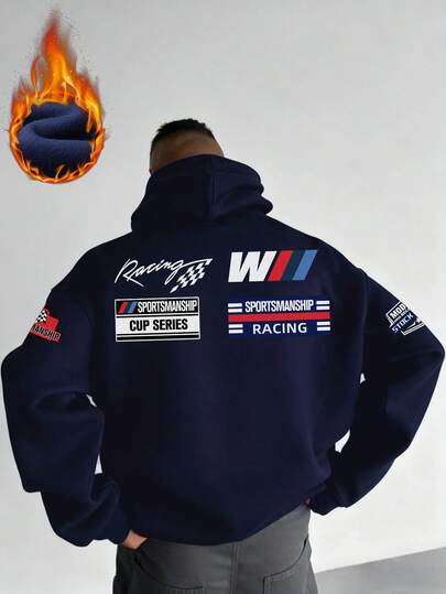 Herren Hoodie mit Rennkultur Grafik-Muster, thermisch gefütterte Kängurutasche, Herbst/Winter