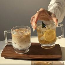 1 pieza Taza de vidrio corta con asa de estilo coreano de 260ml, taza de café con leche con rayas verticales minimalistas, taza para bebidas frías, taza para helado, taza para leche - transparente - Ver 7