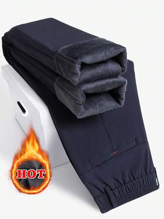 남성용 단색 보온 안감 릴렉스핏 캐주얼 바지, 봄/가을/겨울에 적합