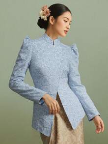 女士立领不对称设计，优雅3D花卉图案端庄衬衫