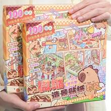 101片迷你贴纸盒，包含50张场景纸板+50张PET贴纸和1个镊子（颜色随机），水豚系列，自制剪贴簿贴纸，各种风格的DIY装饰贴纸，适用于装饰贴纸、缓解压力、放松身心、送给好朋友的礼物、DIY 3D迷你风景放松自粘手工制品、圣诞节、生日礼物。