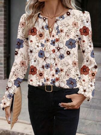 女士V领灯笼袖印花休闲衬衫