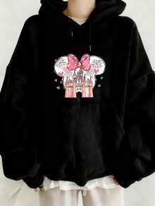Disney Authorized Oversized Women's Hoodie Minnie Mouse Castle Print Pullover Sweatshirt Comfortable Autumn Winter Hooded Top Essential For Casual Wear And Theme Park Outfits - 黑色 - 查看 1