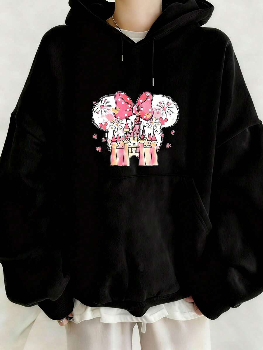 Disney Authorized Oversized Women's Hoodie Minnie Mouse Castle Print Pullover Sweatshirt Comfortable Autumn Winter Hooded Top Essential For Casual Wear And Theme Park Outfits - 黑色 - 查看 1