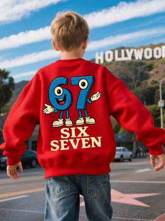 67 Cartoon Print Crewneck Sweatshirt, Autumn And Winter Children's Fleece Sports Sweater, Suitable For Boys And Girls For Daily Commuting, School, And Casual Sportswear. Long-Sleeved Top, Perfect For Holiday Parties, Outdoor Activities, And Travel.