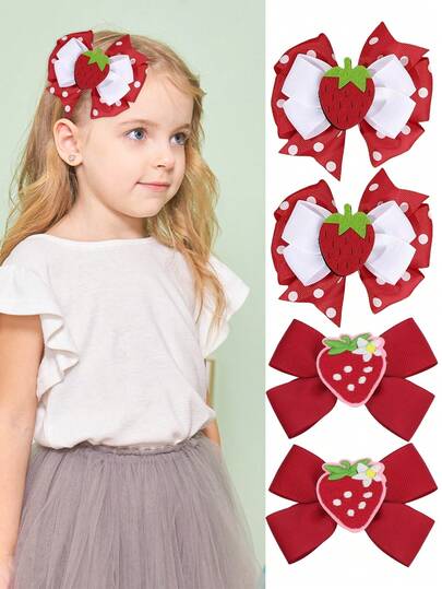 4PCS Girls Strawberry Hair Bows Clips, Cute Polka Dot & Solid Red Bowknot Hairpins, Girl Hair Accessories For Daily Dress Up & Party