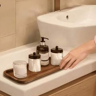 椭圆形/方形木质浴室托盘，棕色木质装饰储物盘，适用于梳妆台、餐厅、防水表面，可存放肥皂、化妆品、珠宝、香水、浴室储物托盘、马桶顶部收纳架、矩形梳妆台顶部装饰