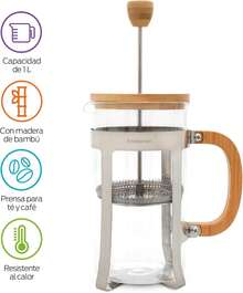 Redlemon Cafetera Prensa Francesa 1 Litro de Vidrio Resistente a  Temperaturas, con Tapa y Mango de Bambú, émbolo y Filtro de Acero Inoxidable, para Café y Té, Ideal para Café Molido e Infusiones - albaricoque - Ver 2
