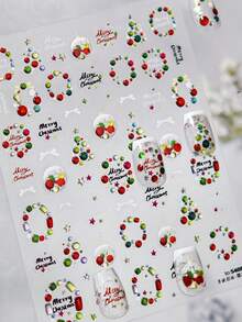 1PC Jelly Colorful Christmas Wreath Press-On Nail Stickers Festive Tree Bow 5D Nail Art With Multi-Dimensional Holiday Playful Seasonal Self-Adhesive Nails For Women's Merry DIY Manicure Decals