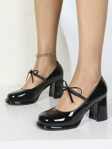 女式黑色圆头粗跟复古蝴蝶结装饰优雅派对休闲玛丽珍厚底高跟鞋，舒适百搭 - 黑色 - 查看 2