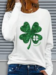 Christmas Outfit Women Ladies Casual Long Sleeve Round Neck Pattern Printed T-Shirt - Four-Leaf Clover Glitter Design With Happy St. Patrick's Day Text, Machine Washable Regular Fit For Autumn Winter Season And Festival Celebration Outfits, Straight Sleeve Design Loose And Comfortable Winter Clothes For Women - 黑色 - 查看 4