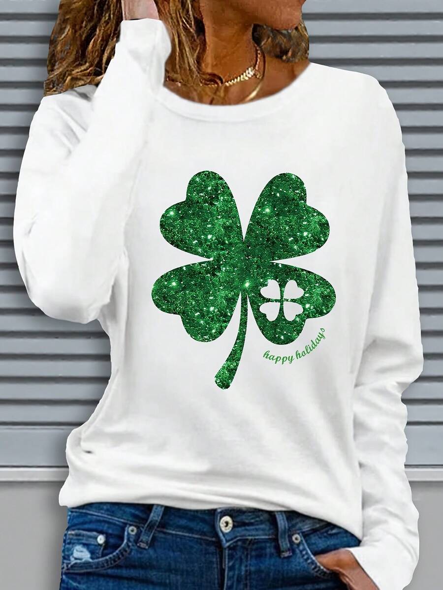 Christmas Outfit Women Ladies Casual Long Sleeve Round Neck Pattern Printed T-Shirt - Four-Leaf Clover Glitter Design With Happy St. Patrick's Day Text, Machine Washable Regular Fit For Autumn Winter Season And Festival Celebration Outfits, Straight Sleeve Design Loose And Comfortable Winter Clothes For Women - 白色 - 查看 1