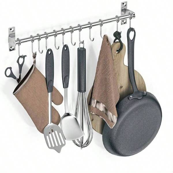 Wall Mounted Utensil Rack, Stainless Steel Hanging Kitchen Rail With 12 Removable Hooks, Hanger Organizer Utensil 50cm20