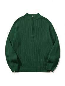 Women's Simple Ribbed Solid Color Casual Korean Textured Commuter Loose Versatile Stand Collar Zipper Half-Placket Pullover Long Sleeve Sweater, Spring/Autumn/Winter - Green - View 6