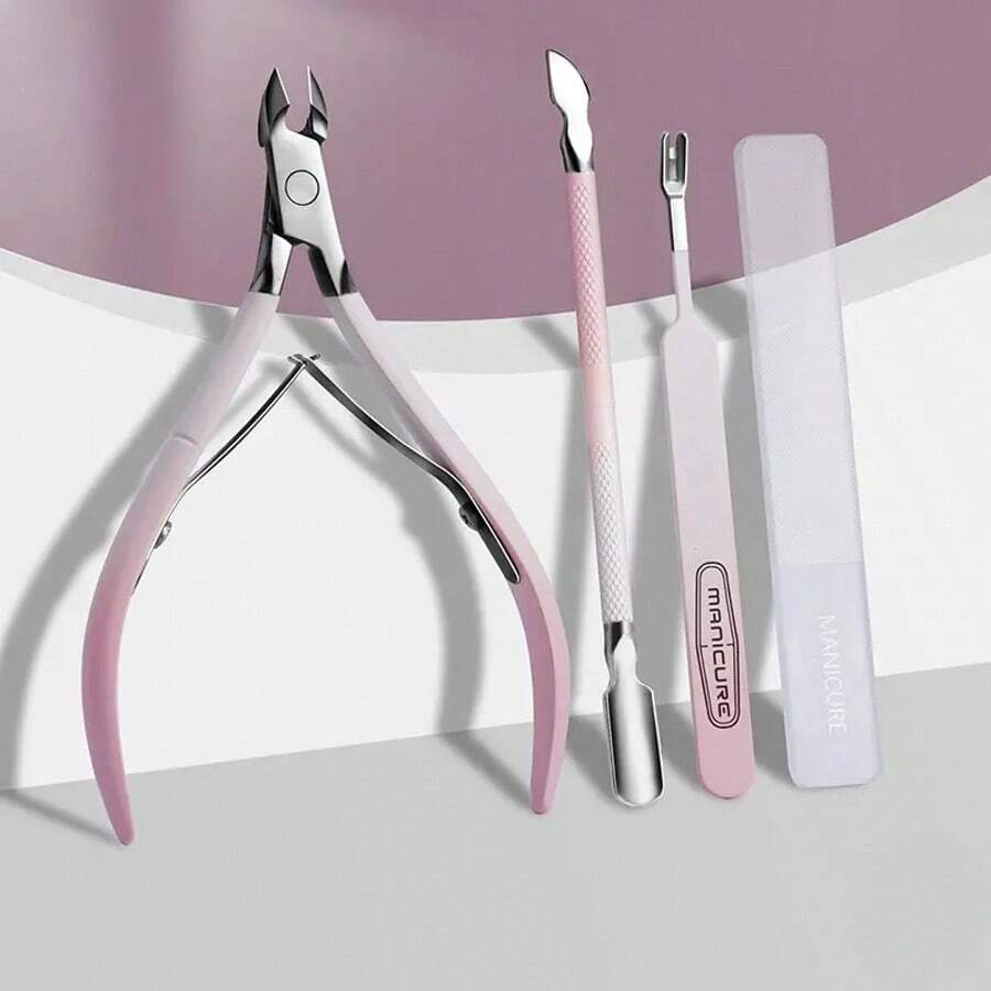 4pcs Stainless Steel Cuticle Trimmer Set - Perfect For Nail Care, Dead Light Beige Removal And Nail Polish Cleaning, Essential Manicure Kit - 粉色 - 查看 1