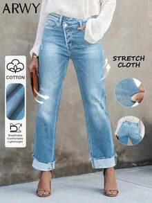 ARWY 修身休闲做旧交叉腰猫须水洗弹力紧身直筒牛仔裤，适合女士，优雅时尚，适合日常、节日、舞台、音乐会、万圣节、返校、所有季节