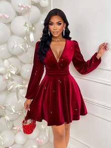 AIJ Amarilo Elegant Agra Red Color Sexy V-Neck Slim Fit A-Line Puff Sleeve Velvet Flash Sequin Party Mini Dress, Suitable For Party And Daily Commuting, Halloween, Fall Wedding Guest Dress, Christmas Women's Clothing, New Year Women, Fall/Winter Clothes For Women - Burgundy - View 5