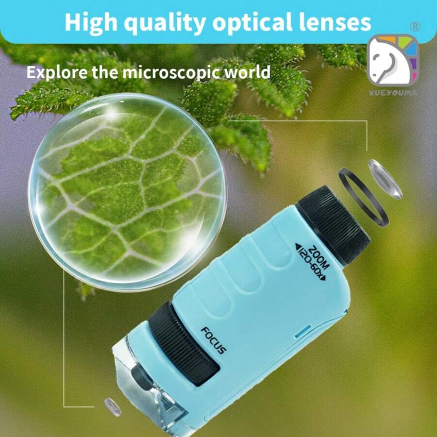 SCIENCE HORSE 60x-120x Microscopio portátil con zoom, kit de experimentos científicos, microscopio de mano mini STEM y juguete científico, microscopio de bolsillo LED, microscopio de pequeño científico, adecuado para regalos de Navidad, cumpleaños y Año Nuevo Chino - Azul - Ver 1