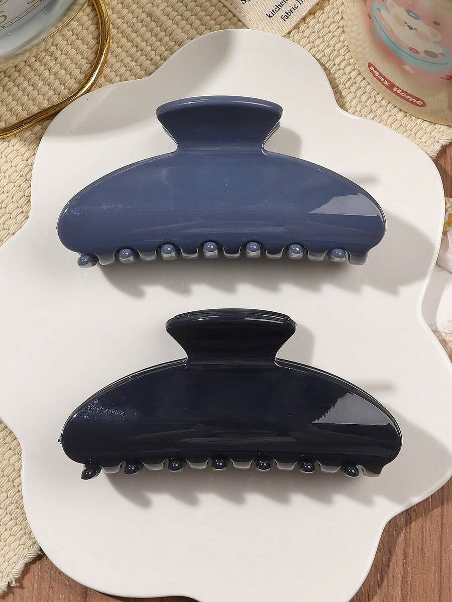 2个/套 简约优雅果冻蓝、灰、黑纯色半圆形发爪夹,多功能户外发饰,秋冬发夹夏季穿搭发夹 - 2件套裝-藍黑半圓 - 查看 1