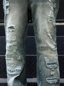 Men's Flared Jeans, Slim Fit Distressed Flare Leg Jeans, Y2K Stacked Jeans, Contrast Wash Embroidered Jeans, Suitable For All Seasons - 藍色 - 查看 5