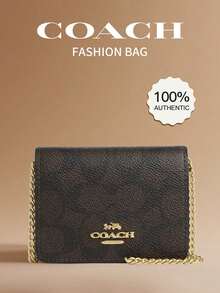 Coach Mini Chain Wallet Leather Crossbody Bag For Women Flap Shoulder Bag Cute Cross Body Purse With Outside Open Pocket - Walnut and Black - View 5