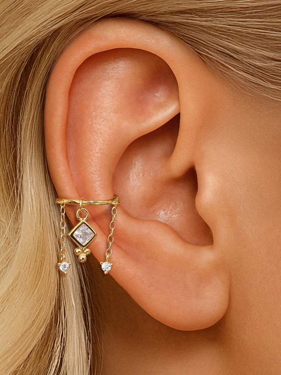 1件925纯银时尚不规则元素耳夹搭配锆石水滴耳环，适合女性日常佩戴、派对和宴会场合。 - 彩色 - 查看 1