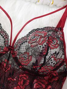 Áo ngủ ngắn gợi cảm quyến rũ phối màu tương phản của EverydayBra dành cho nữ, váy chữ A khoét rỗng bằng lưới, váy hai dây, áo ngủ nội y kiểu Gothic ren hoa hồng. - Màu Đỏ Sâu - Xem 3